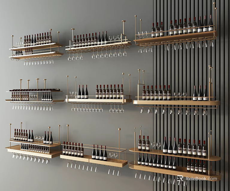 Modern Wall Mounted Wine Racks With Neatly Arranged Bottles And Glasses 3d model 
