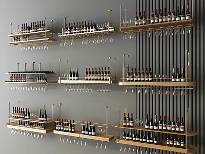 Modern Wall Mounted Wine Racks With Neatly Arranged Bottles And Glasses 3d model