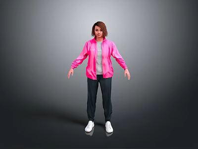 Young Child In Pink Jacket Standing With Arms Open On Grey Background 3d model