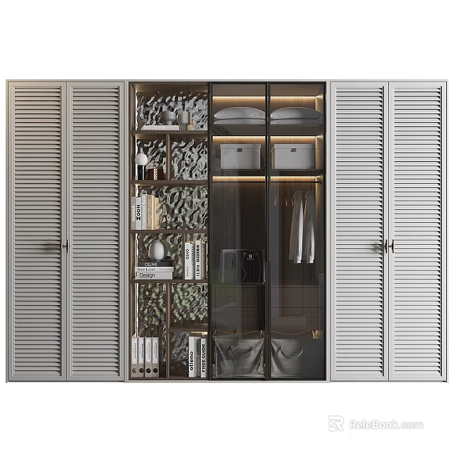 Modern Wardrobe With Louvered Doors Glass Panel Interior Lighting Books And Clothing Storage 3d model 