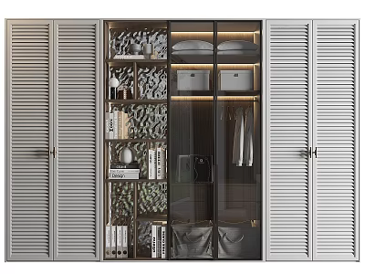 Modern Wardrobe With Louvered Doors Glass Panel Interior Lighting Books And Clothing Storage 3d model