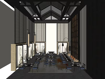 Modern Restaurant Interior Design With Stylish Tables Chairs And Natural Lighting 3d model