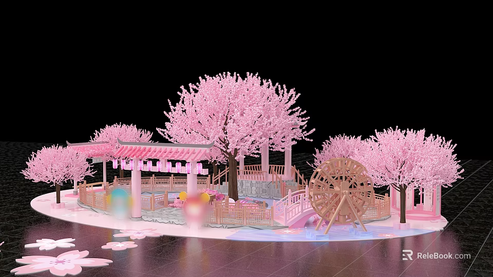 Pink Cherry Blossom Landscape With Pavilion Ferris Wheel And Floating Petals On Water 3d model 