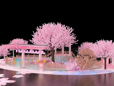 Pink Cherry Blossom Landscape With Pavilion Ferris Wheel And Floating Petals On Water 3d model