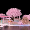 Pink Cherry Blossom Landscape With Pavilion Ferris Wheel And Floating Petals On Water