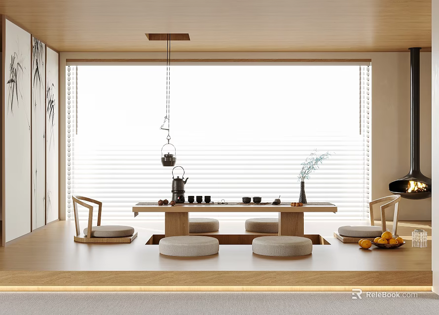 Warm Wooden Tea Room With Large Windows Blinds Round Cushions And Tea Sets 3d model 