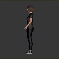 Woman with brown short hair in gray T-shirt black pants white sneakers on gray background