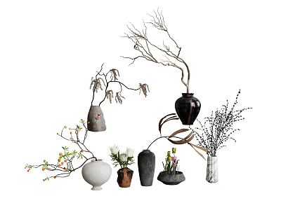 Various Shaped Decorative Vases With Flower Arrangements And Natural Branches 3d model