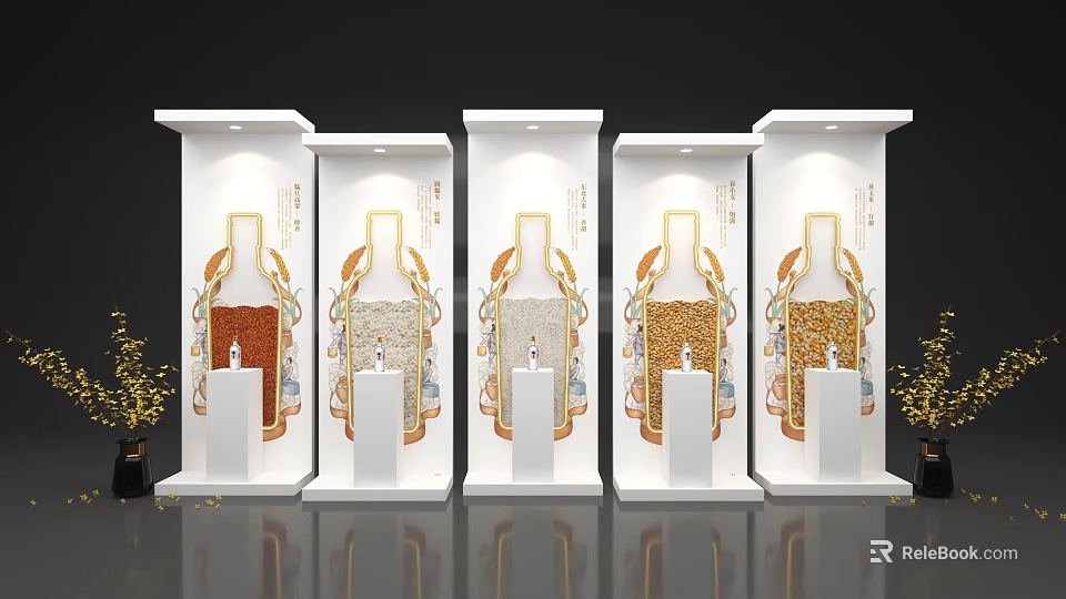 Ornamental White Display Pillars With Bottle Shaped Patterns And Colorful Decor 3d model