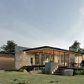 Modern Detached Villa With Large Glass Windows Stone Walls And Terrace Surrounded by Trees