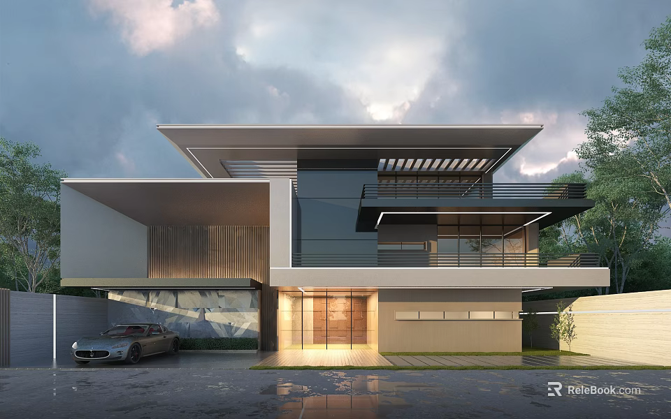 Modern Detached Villa Exterior With Large Glass Windows Flat Roof Terrace And Trees 3d model 