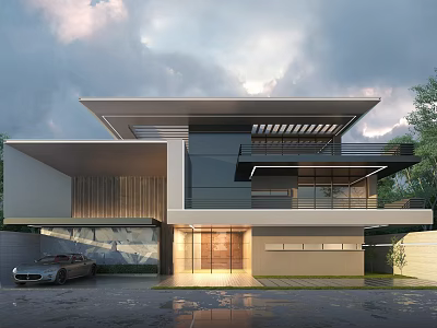 Modern Detached Villa Exterior With Large Glass Windows Flat Roof Terrace And Trees 3d model