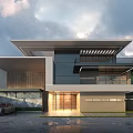 Modern Detached Villa Exterior With Large Glass Windows Flat Roof Terrace And Trees