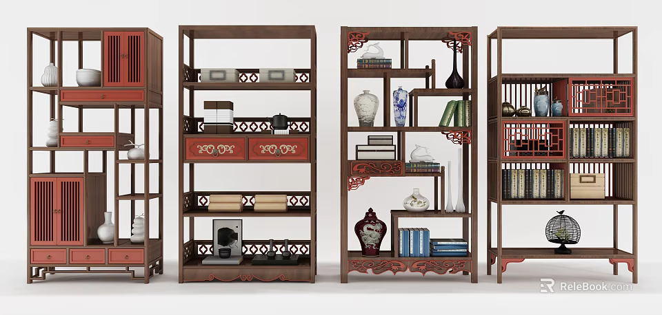 Traditional Chinese Wooden Bogu Shelves With Vases Books And Decorative Ornaments 3d model 