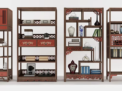 Traditional Chinese Wooden Bogu Shelves With Vases Books And Decorative Ornaments 3d model