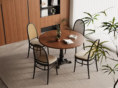 Modern Dining Space With Round Table Chairs Vase Books Green Plants And Wooden Cabinets 3d model