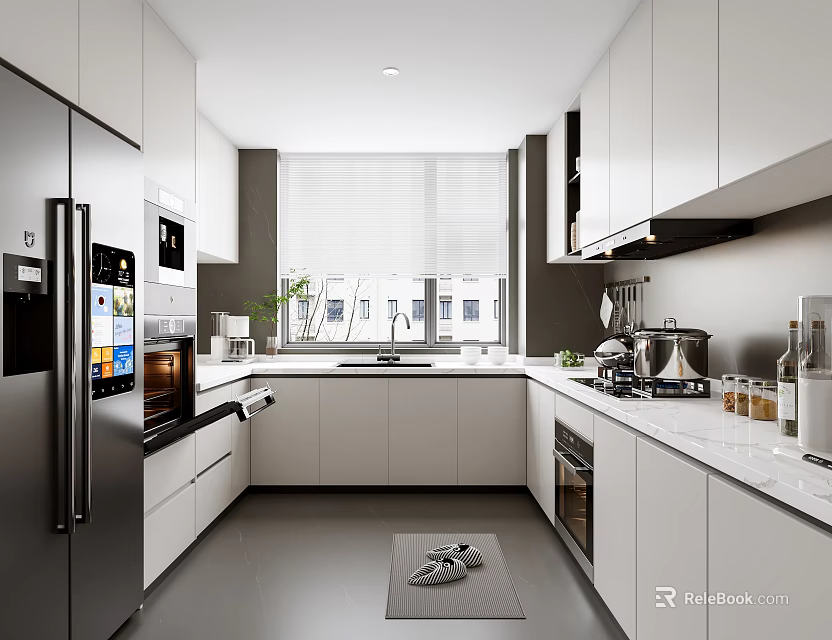 Modern Kitchen Interior With White Cabinets Stainless Steel Appliances And Window Countertop 3d model 
