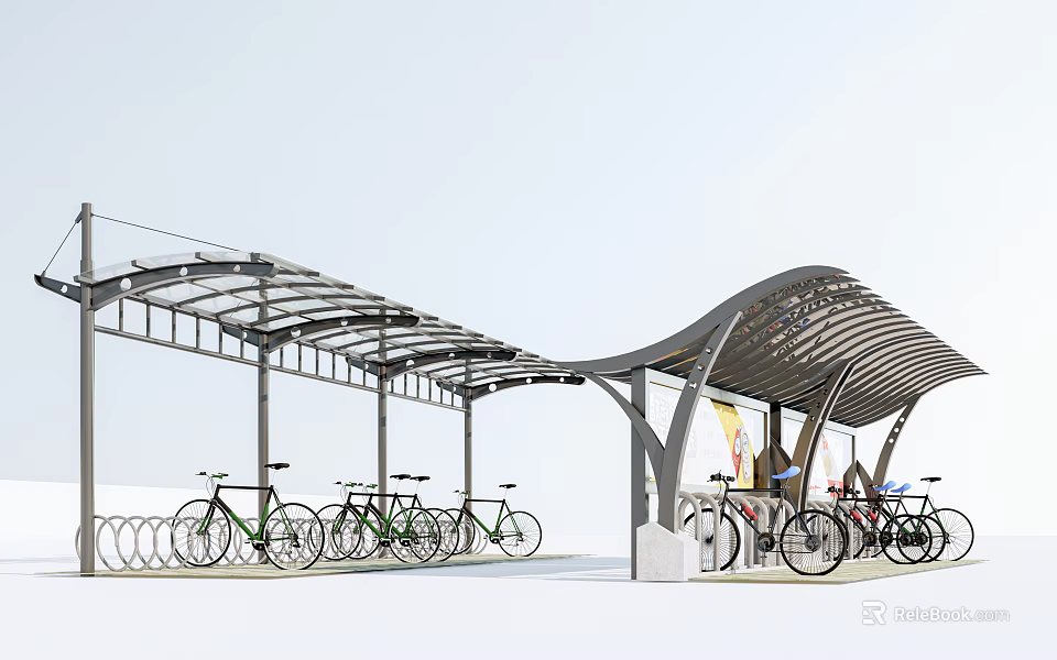 Modern Metal Frame Canopy For Bicycle Parking With Curved Roof And Bikes 3d model 