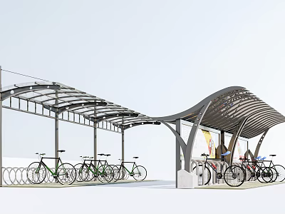 Modern Metal Frame Canopy For Bicycle Parking With Curved Roof And Bikes 3d model