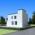 Modern Two Story Detached Villa With White Exterior Black Roof Green Lawn And Trees