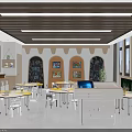 School Classroom With Round Tables Chairs Multimedia Screen And Decorative Paintings