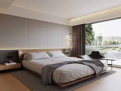Modern Bedroom Interior With Bed Nightstand Large Window Area Rug And Soft Lighting 3d model