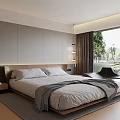 Modern Bedroom Interior With Bed Nightstand Large Window Area Rug And Soft Lighting