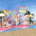 Summer Beach Photo Check In Spot With Vibrant Flowers Lifebuoy Umbrellas And Palm Trees
