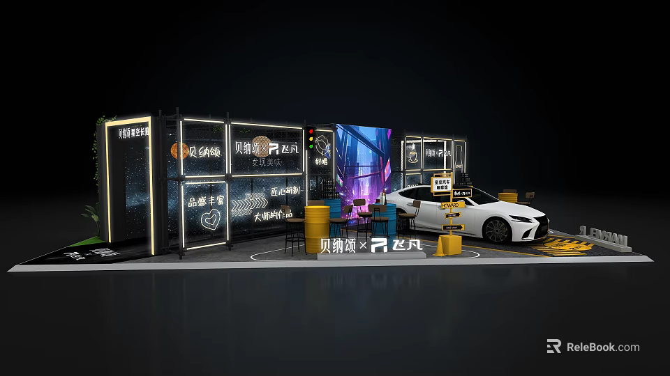 Modern Pop-up Store Exhibition With Car Display Digital Screens And Lighting Design 3d model 