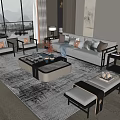 Elegant Modern Sofa And Coffee Table Set With Cushions Chairs On Patterned Rug 3d model
