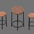 Bar Counter Table With Wooden Round Top Black Metal Legs And Two Stools