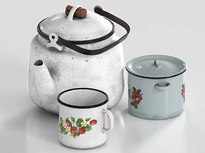 White Ceramic Tea Set With Black Trim Floral Patterned Mug And Lidded Jar 3d model