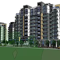 Modern High Rise Residential Building With Green Lawn Trees And Balconies