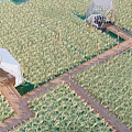 Rural Landscape Featuring Rice Field White Tents Thatched Huts Wooden Bell Frames Under Blue Sky