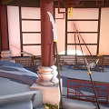 Cartoon Chinese Architectural Scene With Pavilion Tile Roof Bamboo Stone Steps And Windows