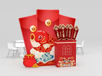 Festive Tea Break Area With Red Envelopes Fortune Characters Koi Decor And Lucky Elements 3d model