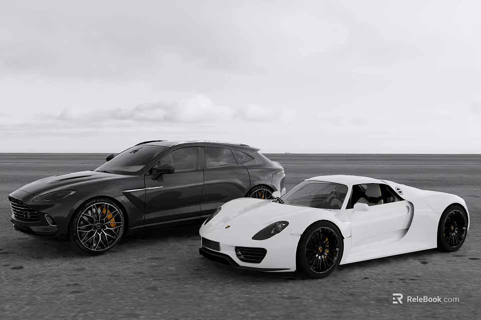 Black SUV and White Sports Car Parked on Open Ground with Cloudy Sky Background 3d model 