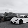 Black SUV and White Sports Car Parked on Open Ground with Cloudy Sky Background