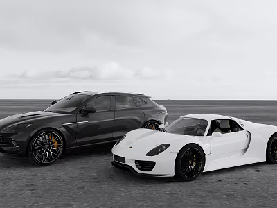 Black SUV and White Sports Car Parked on Open Ground with Cloudy Sky Background 3d model
