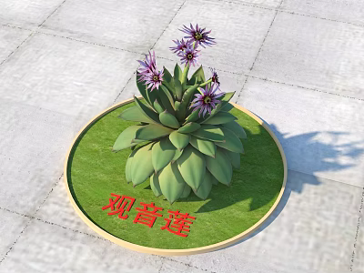 Beautiful Guanyin Lotus Plant with Purple Flowers and Green Leaves on Round Grassy Base 3d model