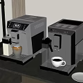 Modern Kitchen Coffee Machines On Countertop With Coffee Cups And White Plate