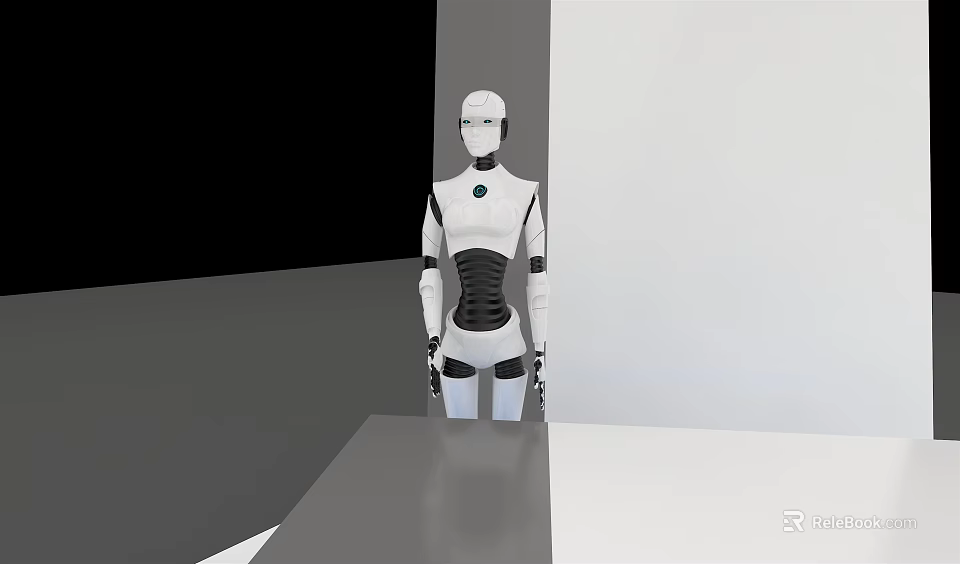 Humanoid Smart Machine With White Body Black Waist And Circular Chest Emblem Standing On Platform 3d model 