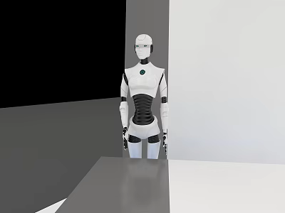 Humanoid Smart Machine With White Body Black Waist And Circular Chest Emblem Standing On Platform 3d model