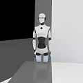Humanoid Smart Machine With White Body Black Waist And Circular Chest Emblem Standing On Platform