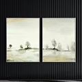 Two Abstract Paintings with Light Blue Green Beige Gray Textured on Black Vertical Striped Wall