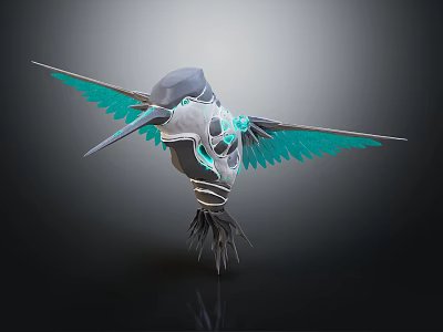 Artistic Mechanical Hummingbird Flying With Skull Elements And Bright Turquoise Wings 3d model