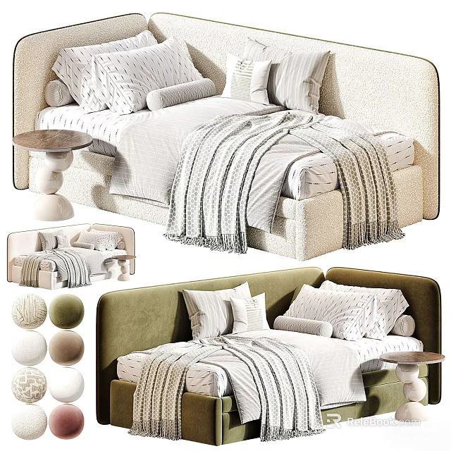 Modern Single Bed Design With Pillows Striped Blanket Side Table And Color Options 3d model 