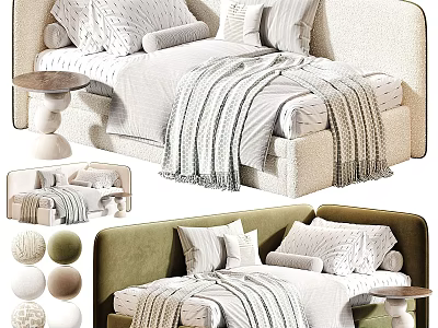 Modern Single Bed Design With Pillows Striped Blanket Side Table And Color Options 3d model