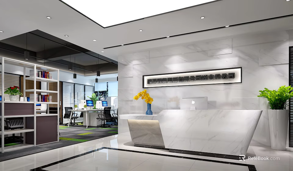 Modern Marble Reception Desk In Bright Office With Yellow Flowers Blue Vase And Open Workspace 3d model 