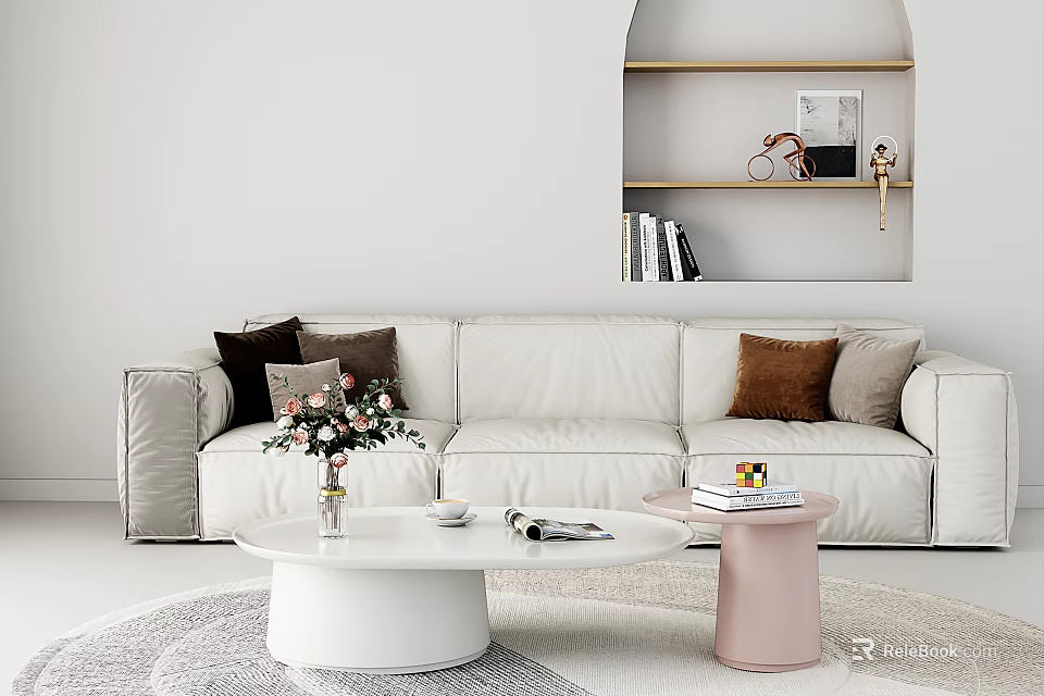 White Three Seater Sofa With Cushions Coffee Table Flower Vase And Side Table 3d model